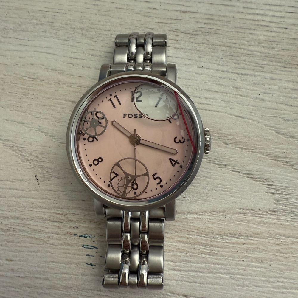 Fossil Pink Floating Watch Parts Dial Silver Band Watch Rare.